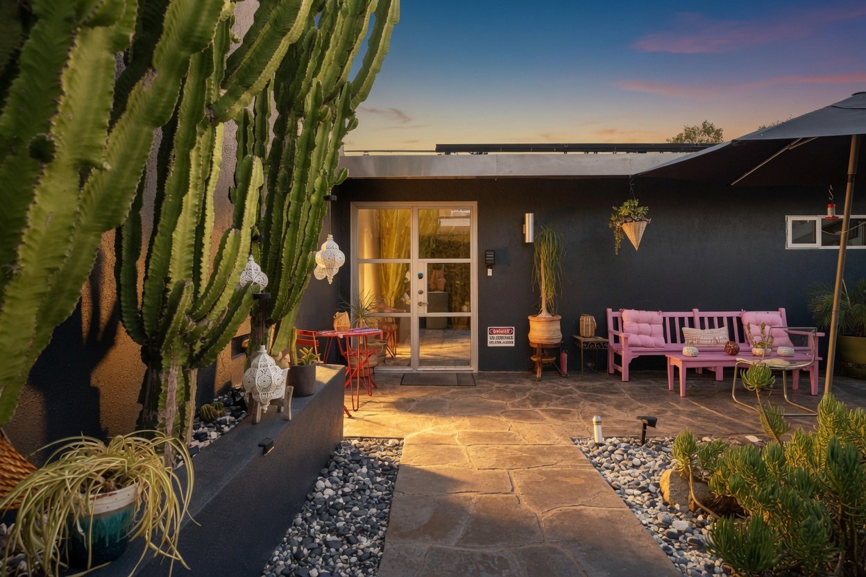 The courtyard entrance with cacti and pink seating