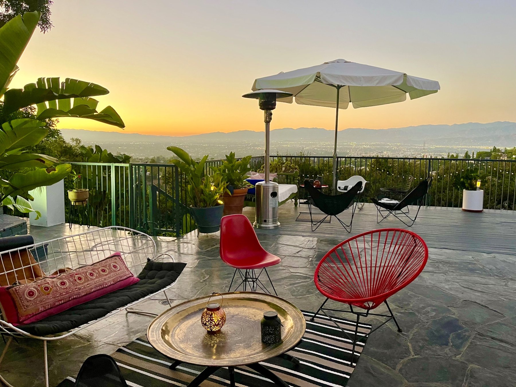 Colourful deck seating at sunset