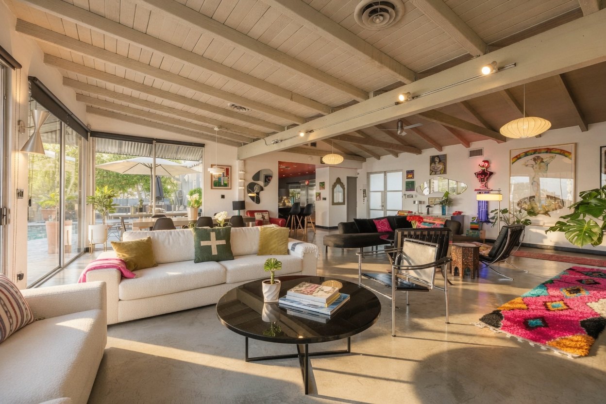 Sunlight across the living room and open dining space