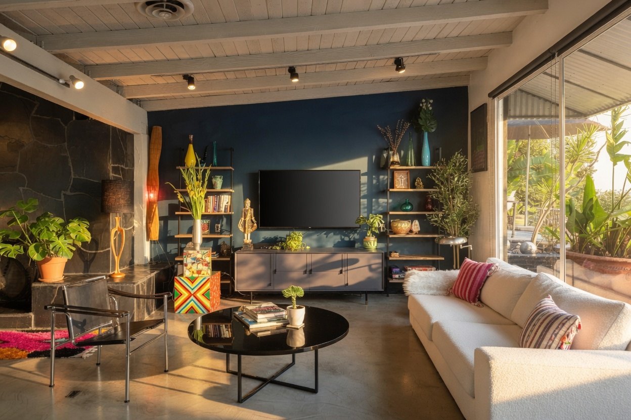 The living room with slate fireplace, television and garden views