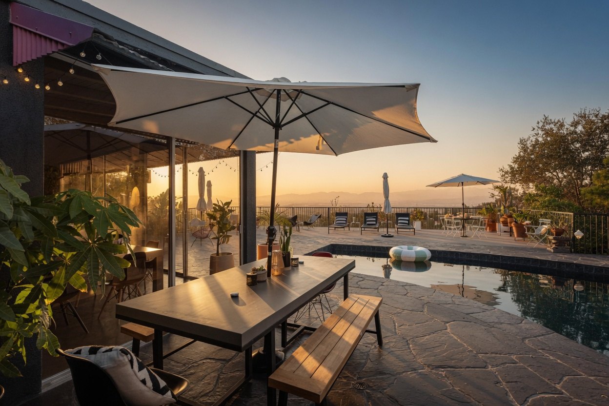 Outdoor dining beside the pool at sunset