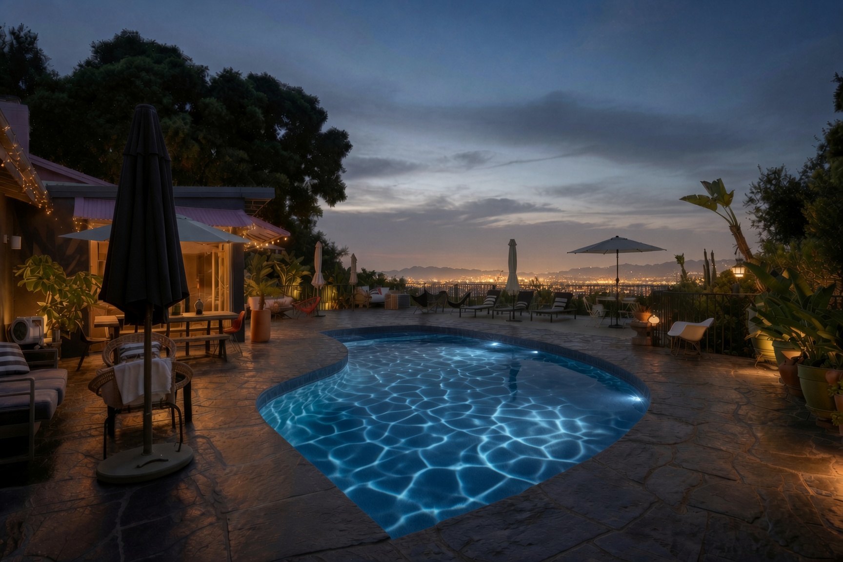 The illuminated pool and wide city view at twilight
