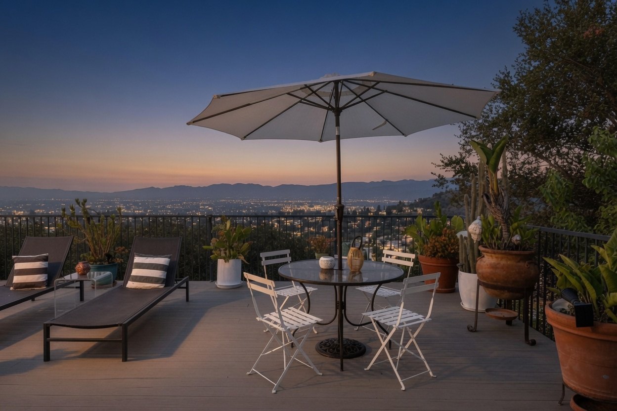 The terrace and distant hills in the evening light